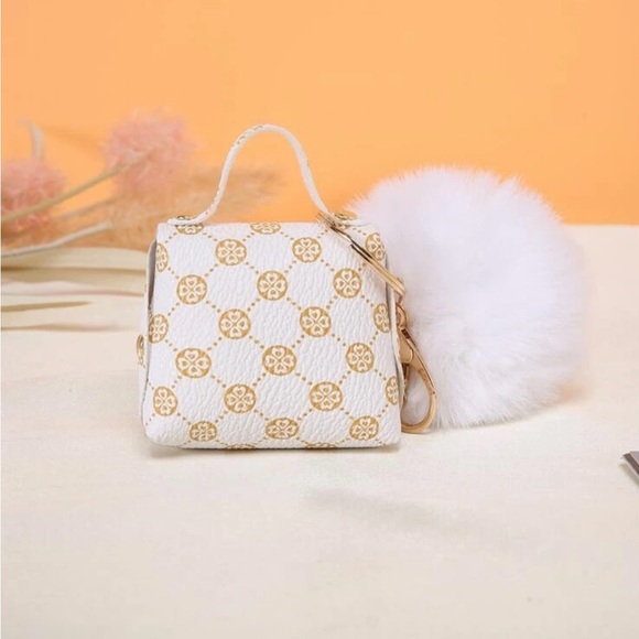 White and Gold Mini Bag Keychain with Pom Pom - Picture 2 of 4